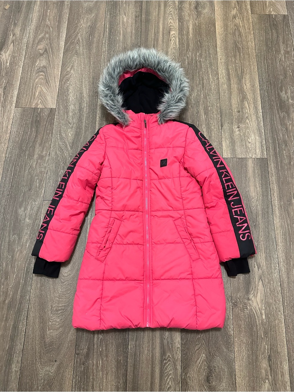 Calvin Klein Jeans Hot Pink Hooded Puffer Coat with Faux Fur Trim